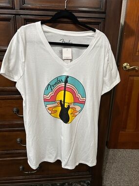 Fender White V-Neck Tee with Multi-Color Sunset Guitar Graphic